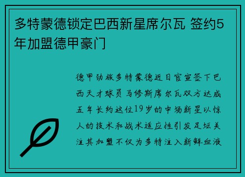 多特蒙德锁定巴西新星席尔瓦 签约5年加盟德甲豪门